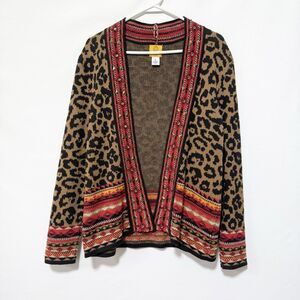 Ruby Rd Cardigan Women's Size PL Leopard Print Open Sweater Embellished Borders